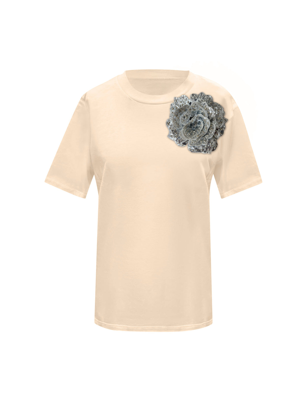 Beige Cotton Toma T-Shirt With Sequin Flower