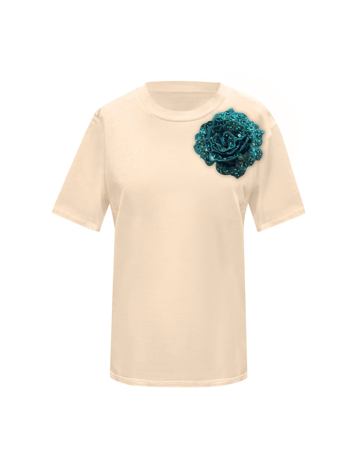 Beige Cotton Toma T-Shirt With Sequin Flower