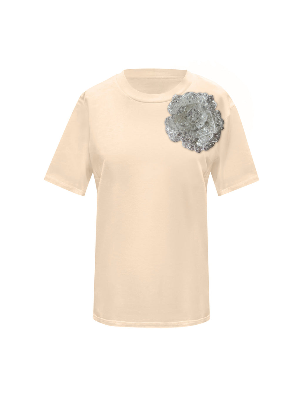 Beige Cotton Toma T-Shirt With Sequin Flower