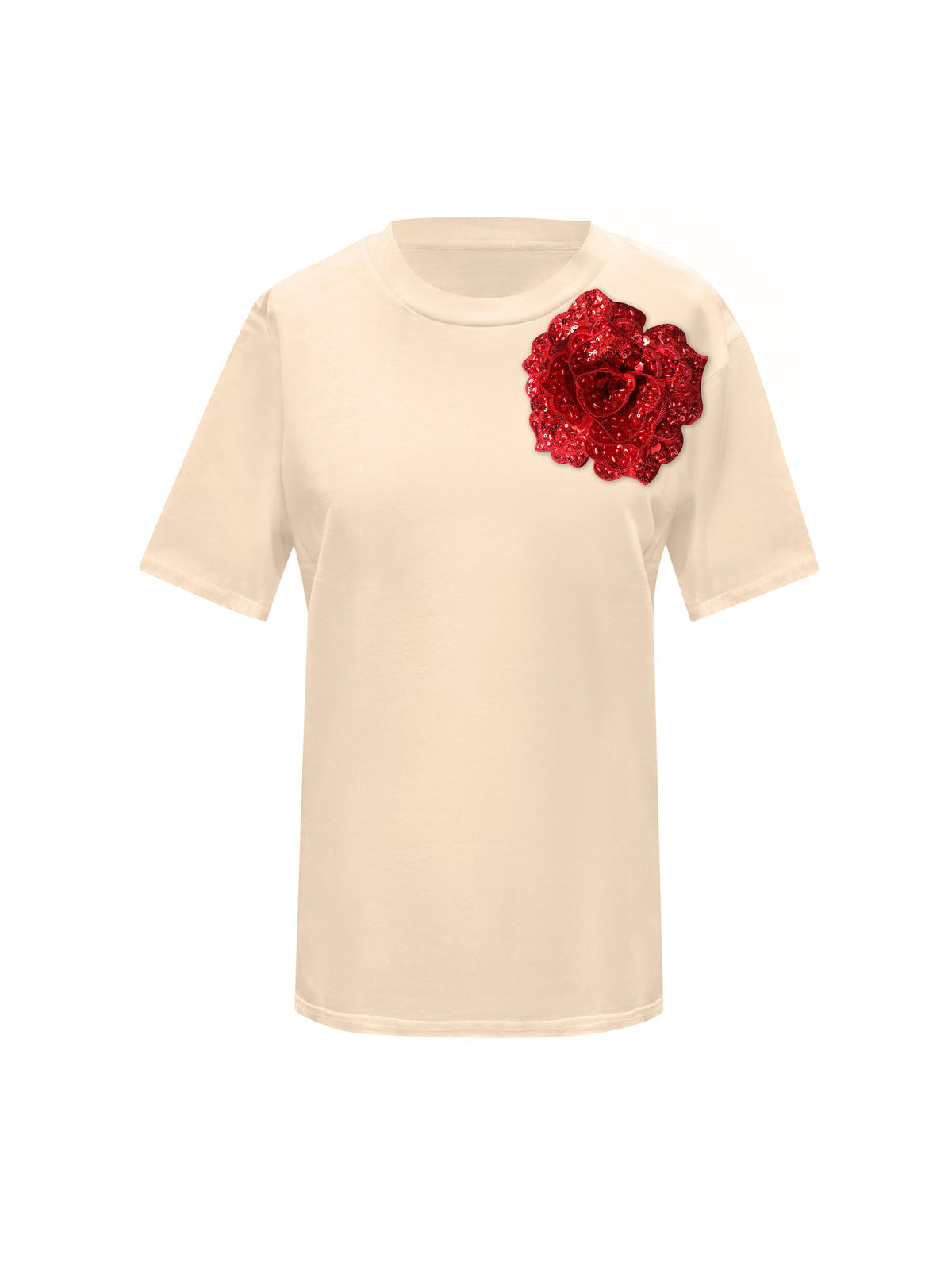 Beige Cotton Toma T-Shirt With Sequin Flower