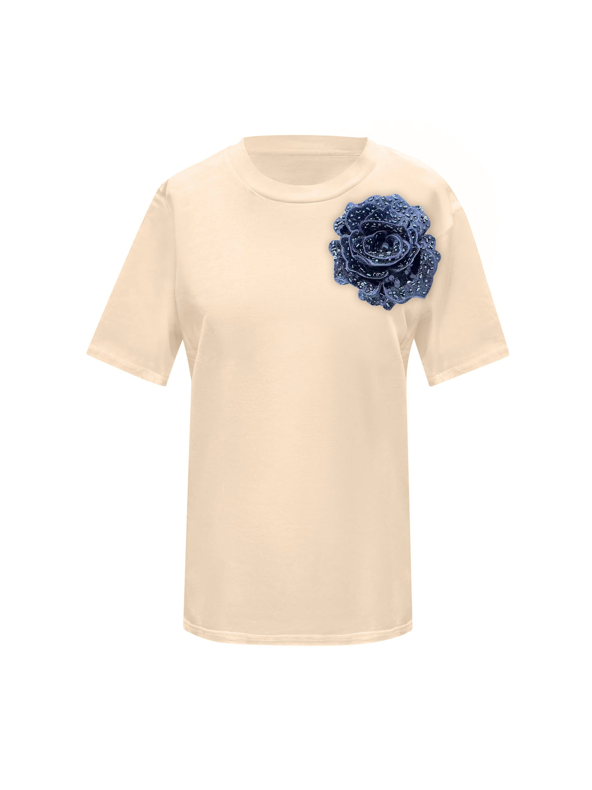 Beige Cotton Toma T-Shirt With Sequin Flower