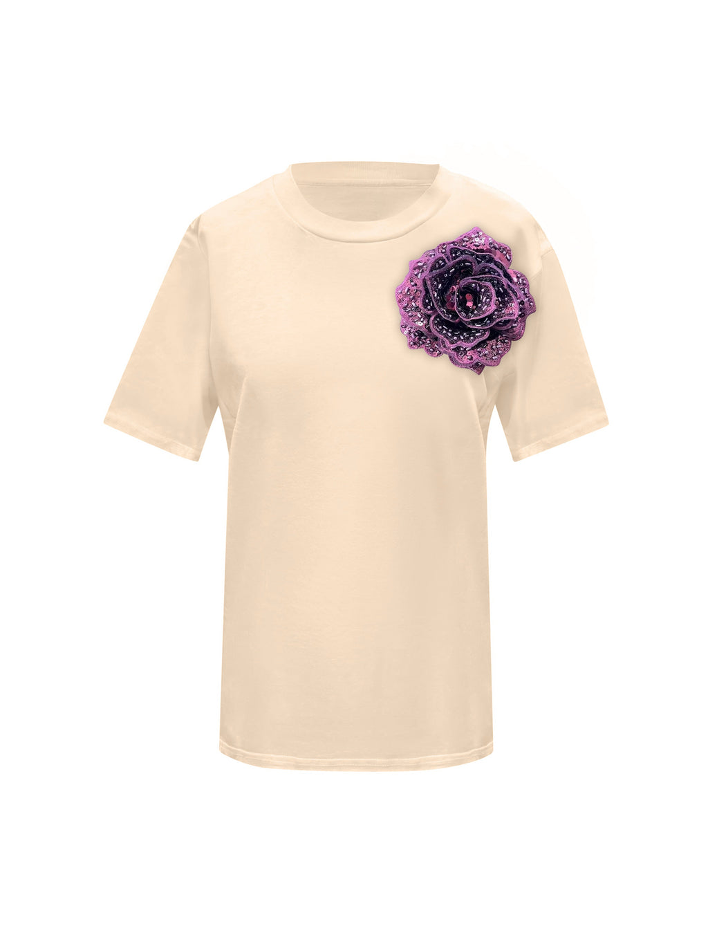 Beige Cotton Toma T-Shirt With Sequin Flower