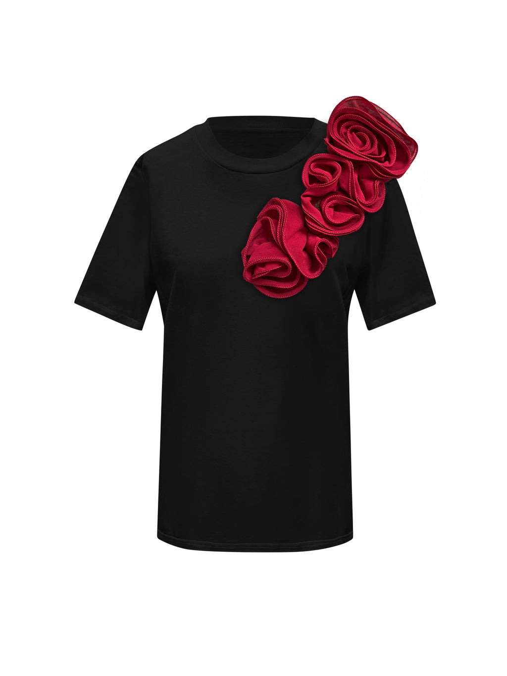 Black Cotton T-Shirt With Handmade Flower
