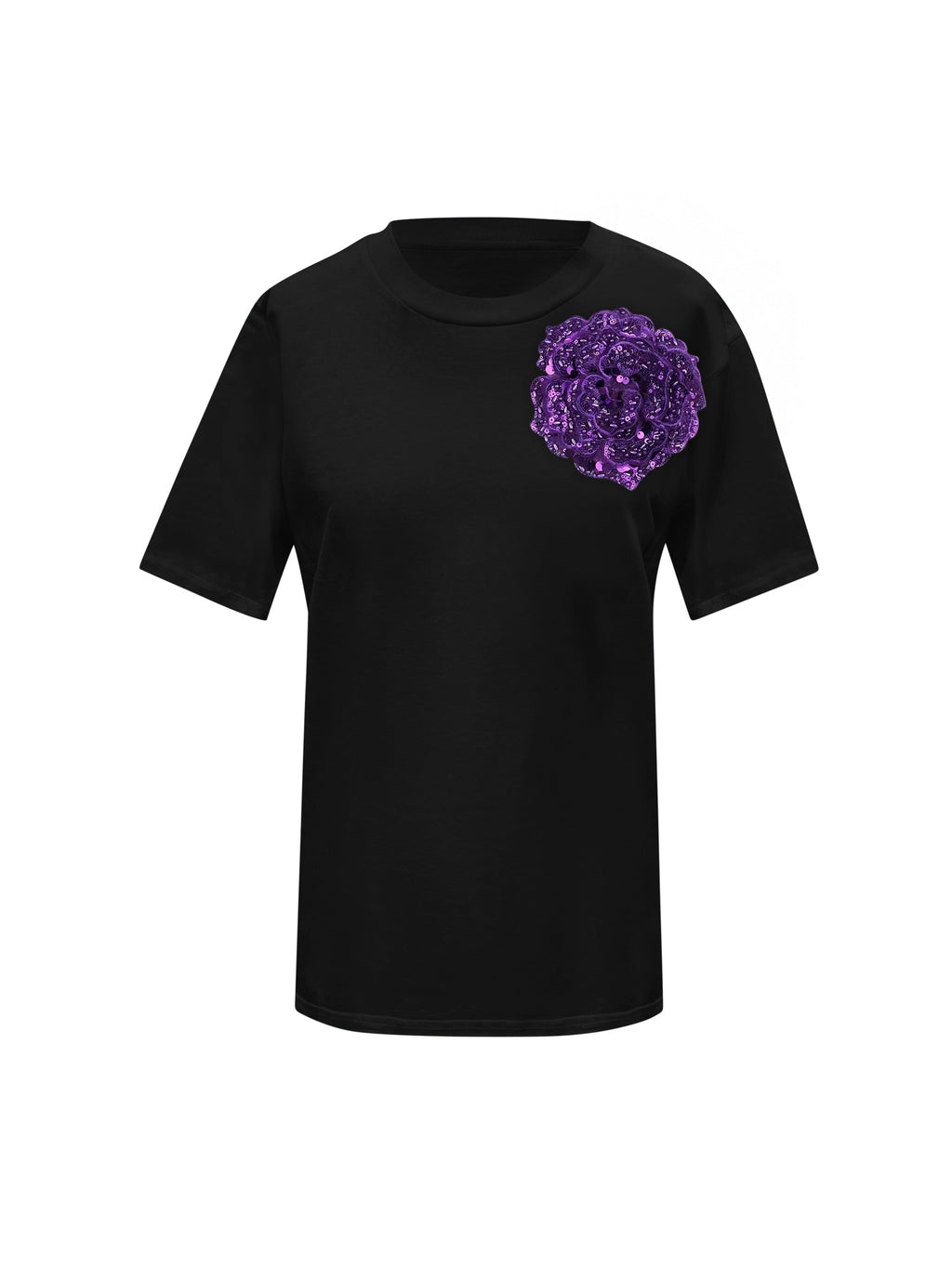 Black Cotton Toma T-Shirt With Sequin Flower