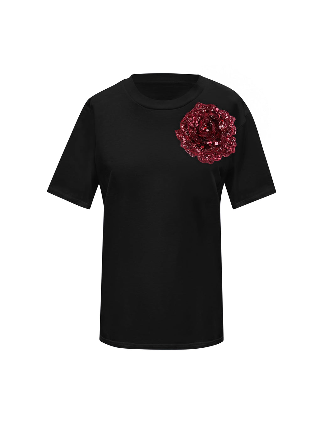Black Cotton Toma T-Shirt With Sequin Flower