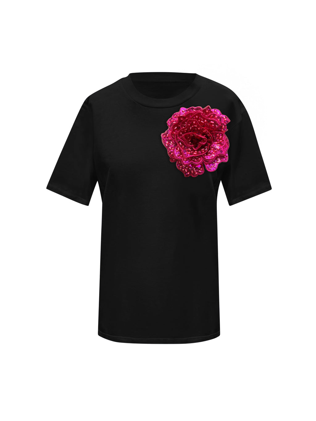 Black Cotton T-Shirt With Fuchsia Sided Rose
