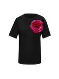 Black Cotton T-Shirt With Fuchsia Sided Rose