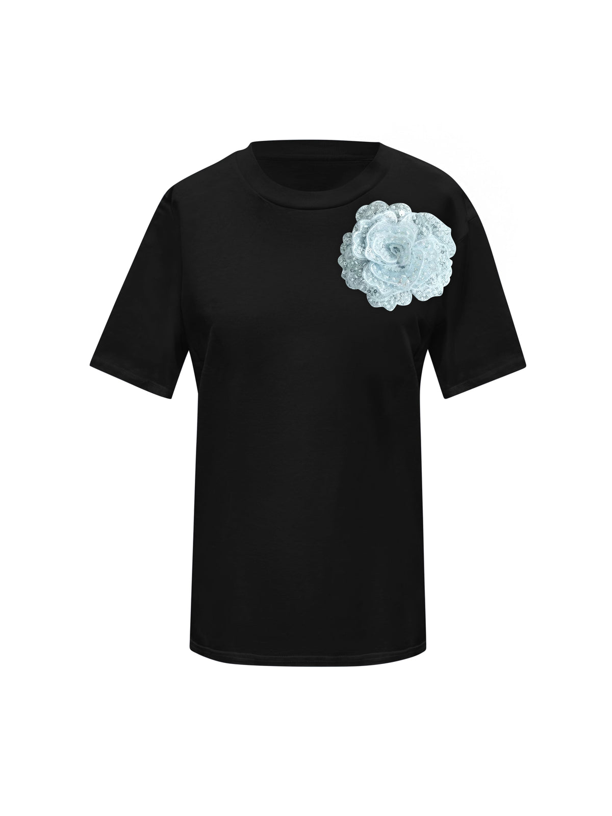 Black Cotton Toma T-Shirt With Sequin Flower