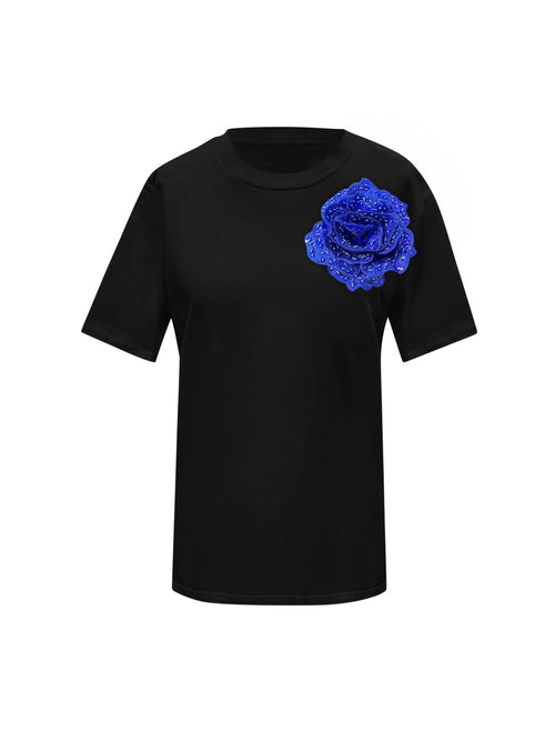 Black Cotton Toma T-Shirt With Sequin Flower