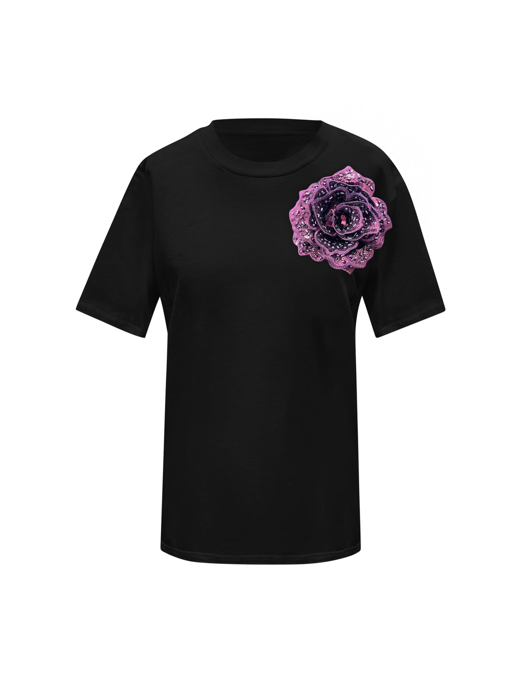 Black Cotton Toma T-Shirt With Sequin Flower