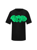 Flower Black Cotton T-Shirt With Green Central Roses