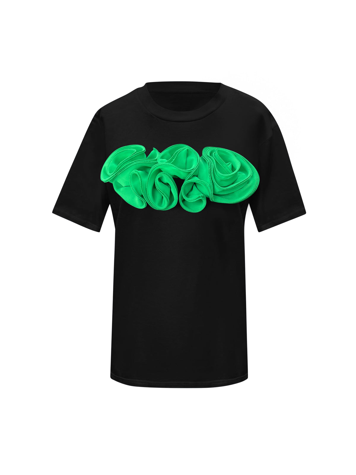 Flower Black Cotton T-Shirt With Green Central Roses