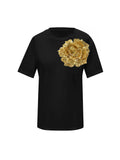 Black Cotton T-Shirt With Gold Sided Rose