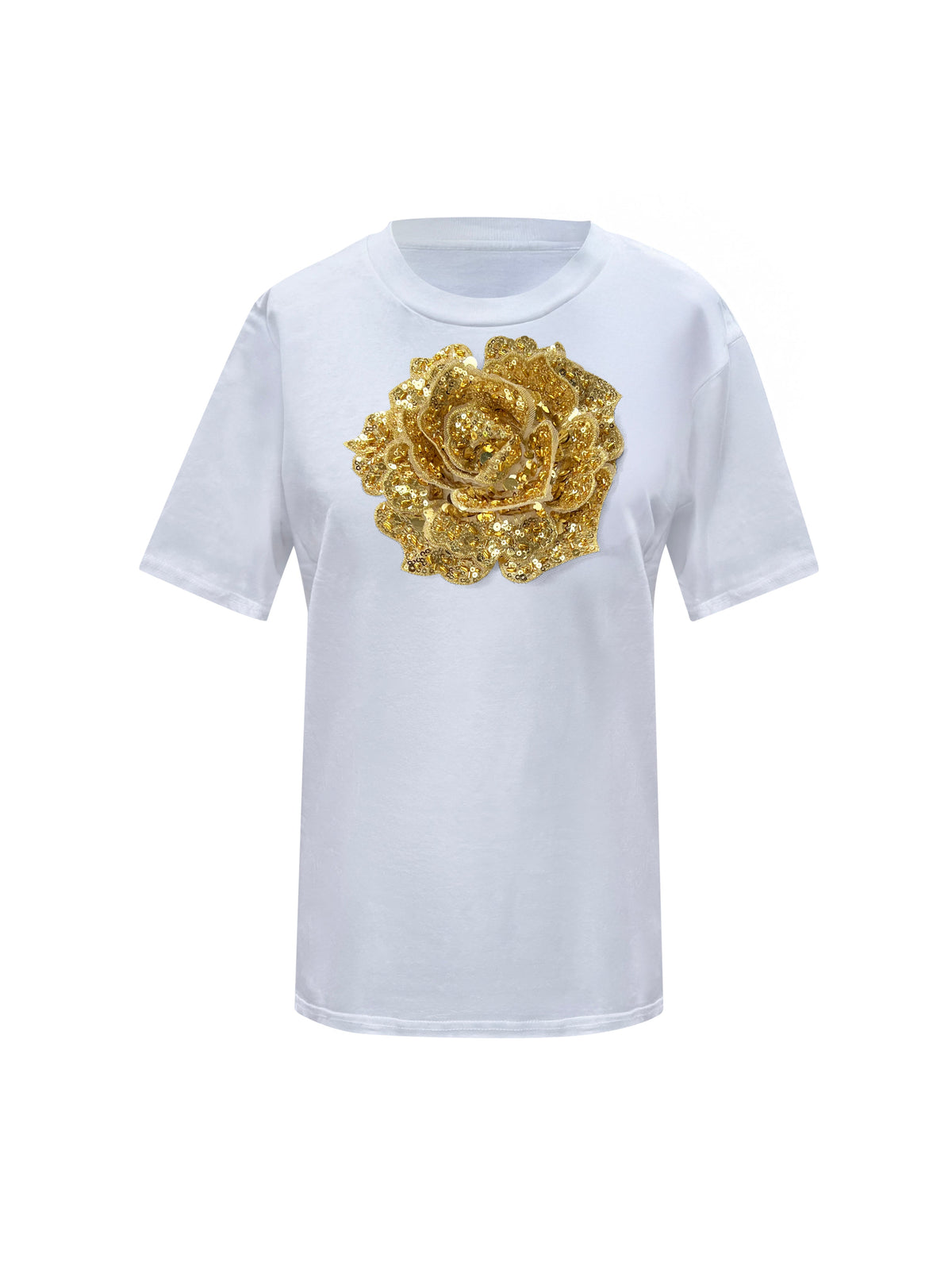 Cotton T-Shirt With Gold Sequin Rose