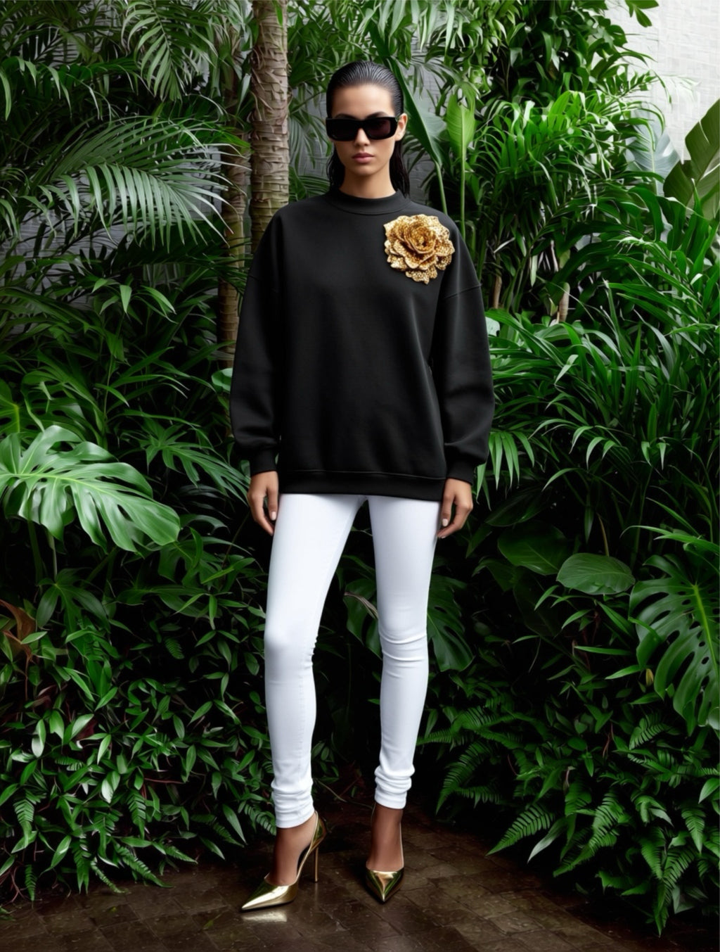 Black Cotton Sweatshirt With Gold Sequin Flower