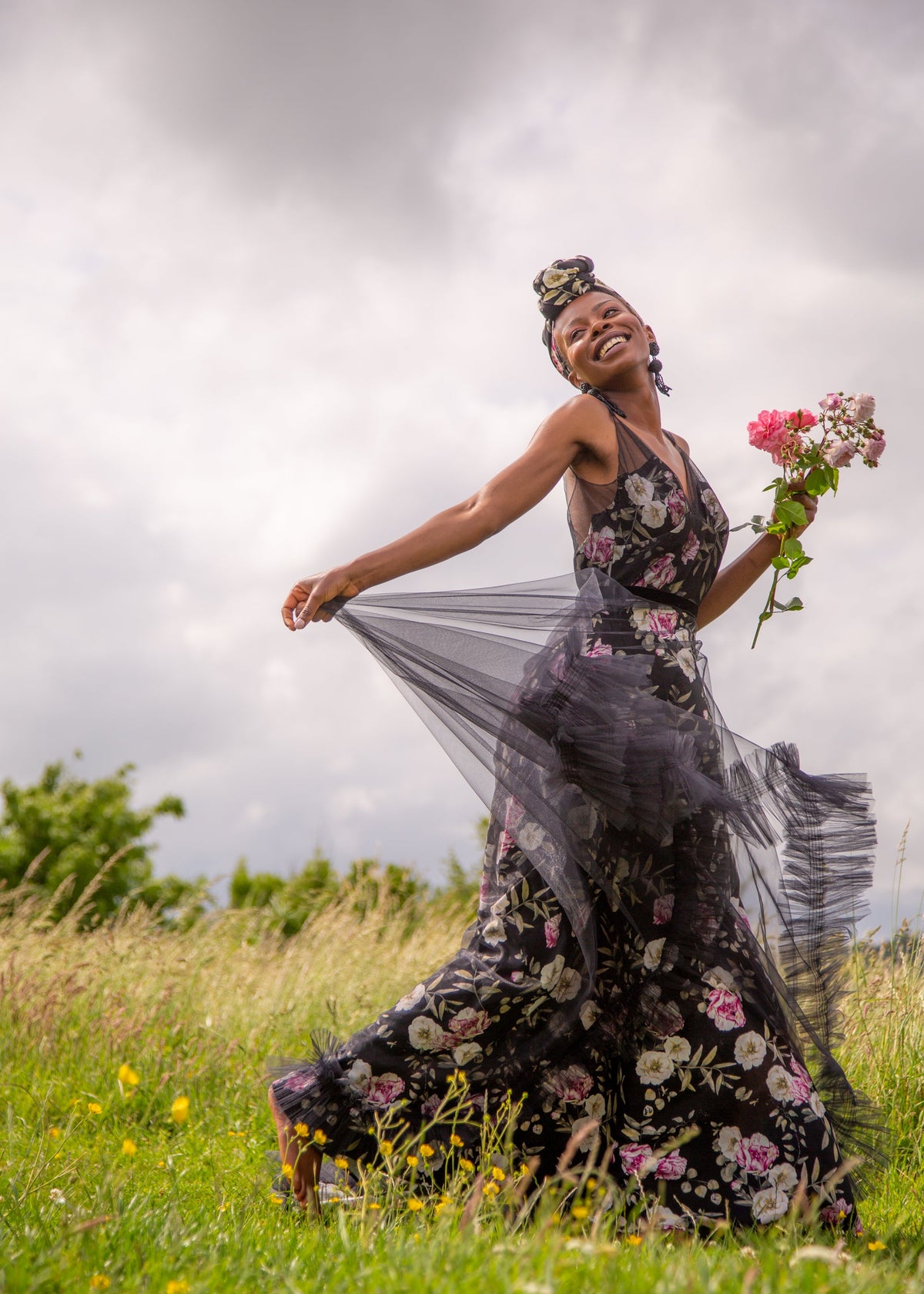 Black Floral Linen and Tulle Gown