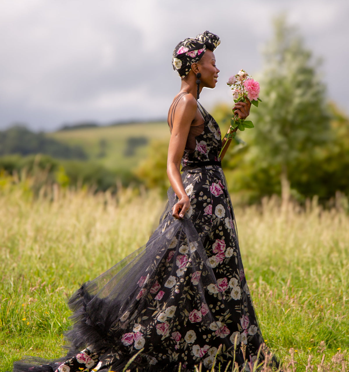 Black Floral Linen and Tulle Gown