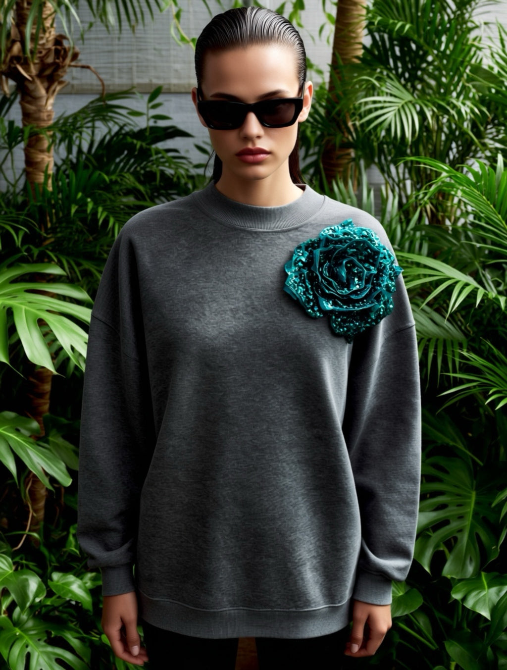 Grey Cotton Sweatshirt With Green Sequin Flower