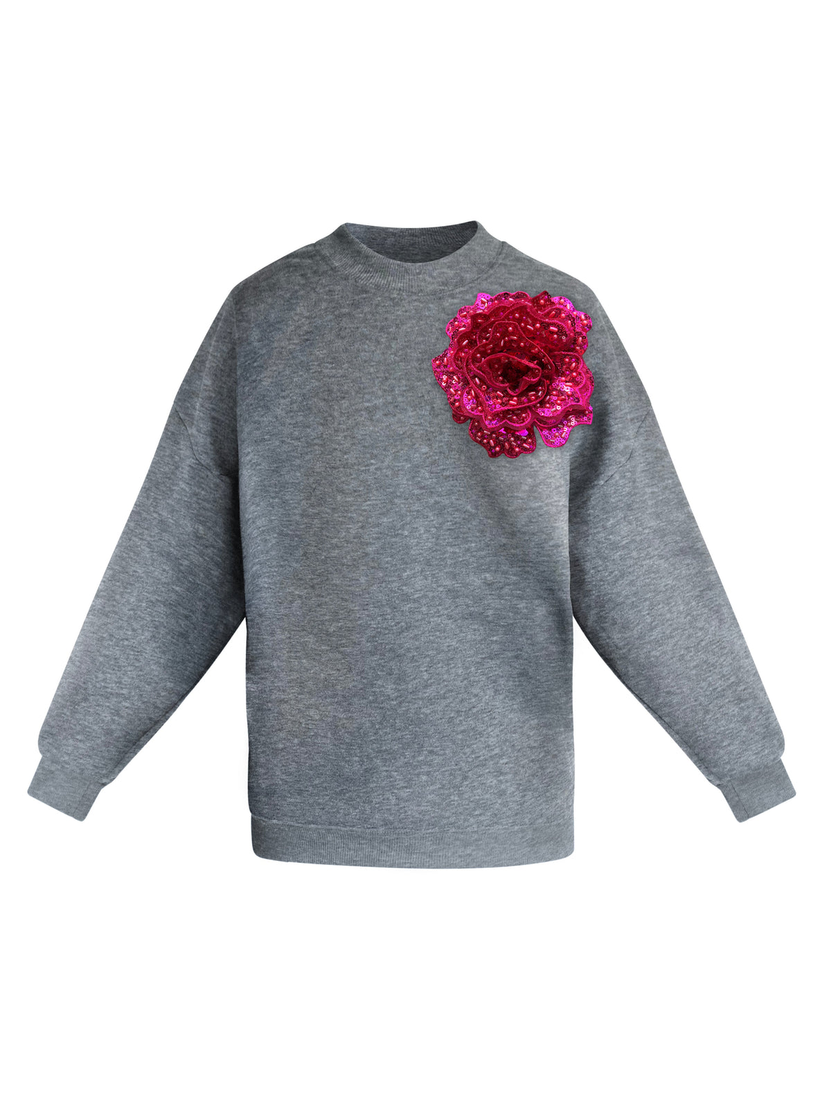 Grey Cotton Sweatshirt With Fuchsia Sequin Flower