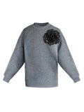 Grey Cotton Sweatshirt With Black Sequin Flower