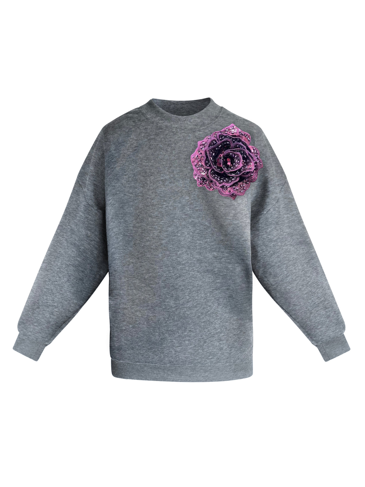 Cotton Sweatshirt With Sky Wine Sequin Flower