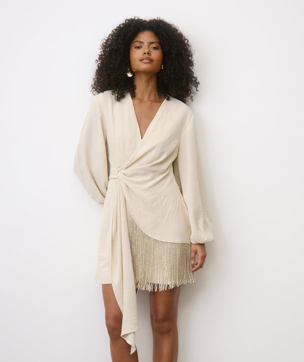 Fringe Long Sleeve Mini Dress - Stone