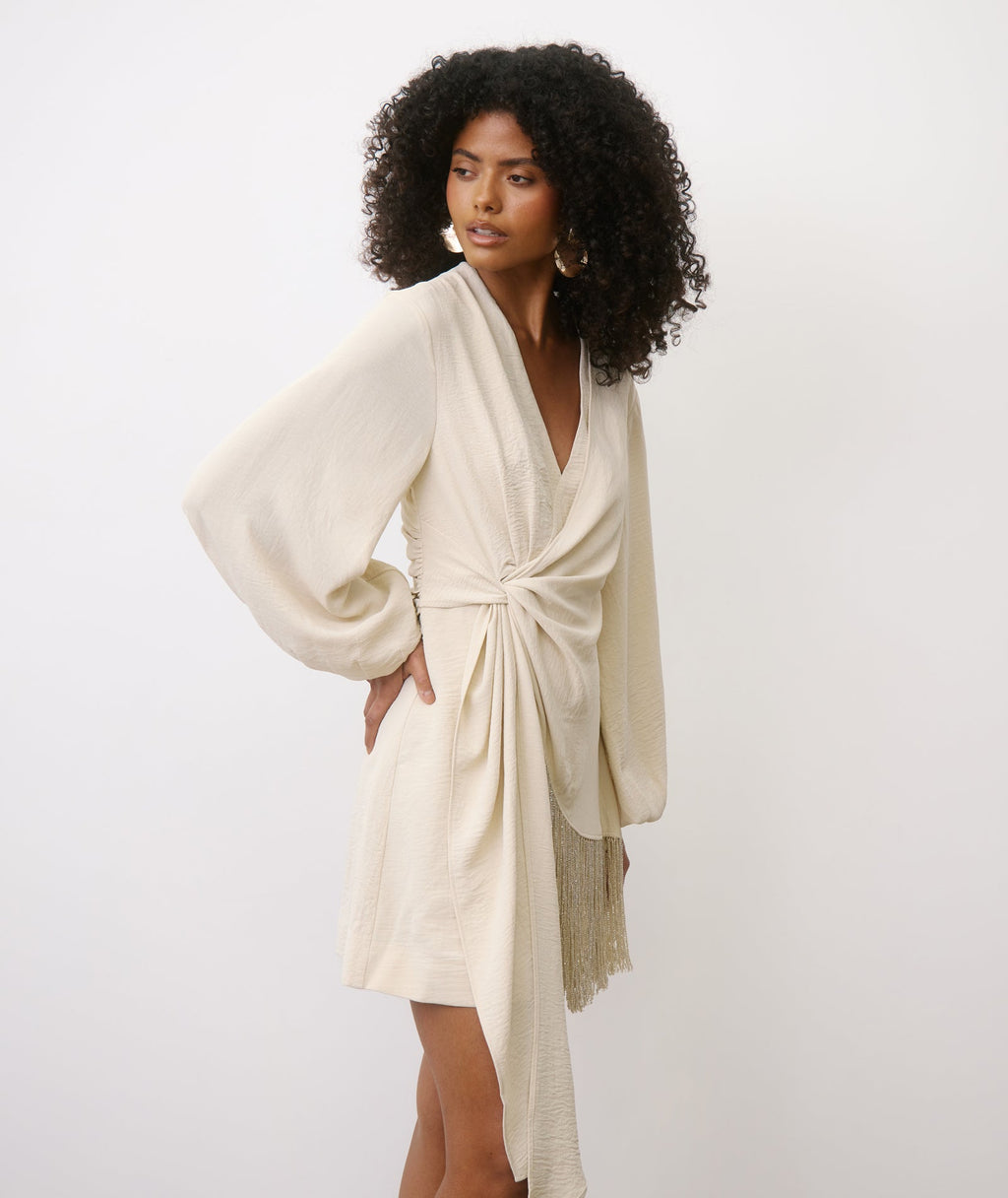 Fringe Long Sleeve Mini Dress - Stone