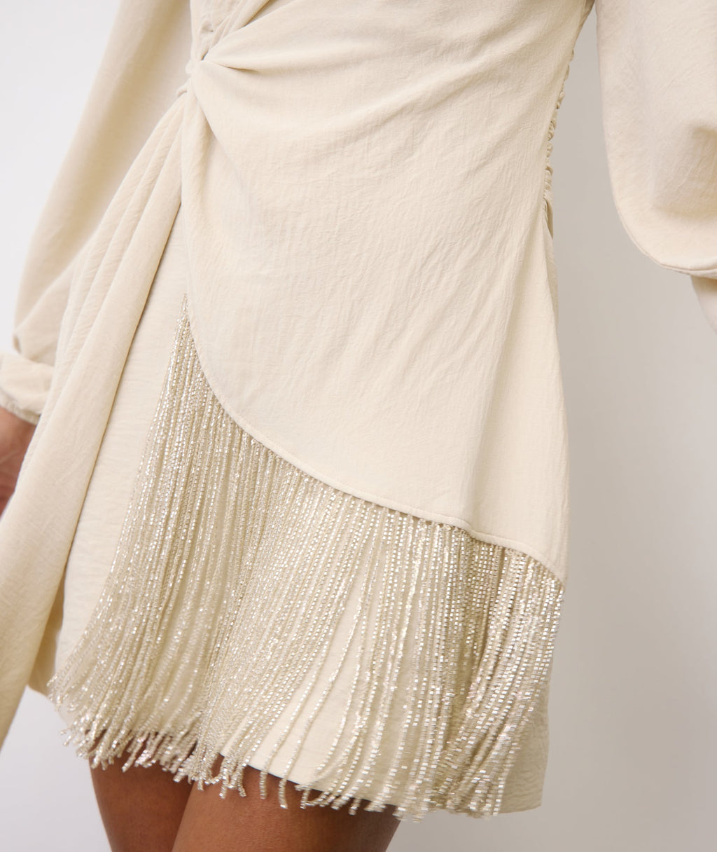 Fringe Long Sleeve Mini Dress - Stone