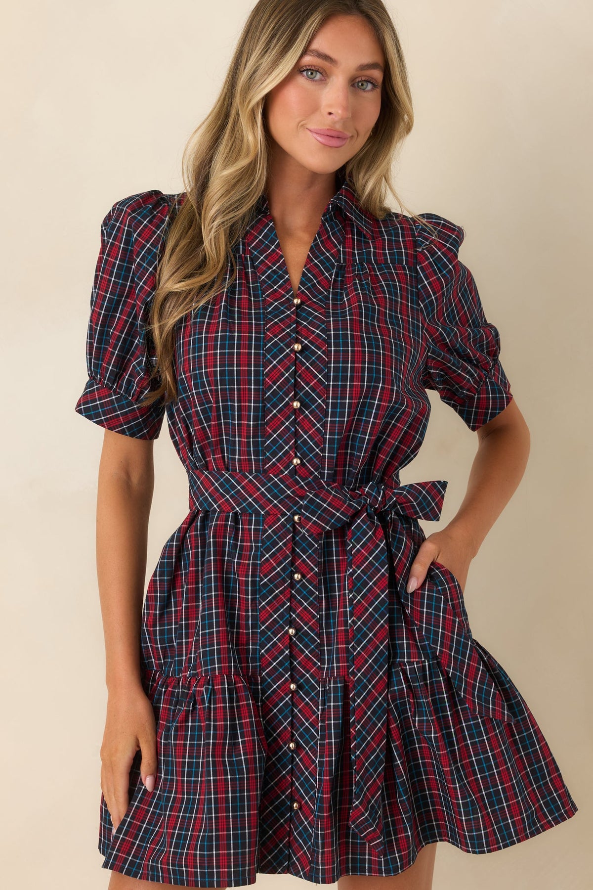 Glad We Made Plans Navy & Red Plaid Cotton Mini Dress