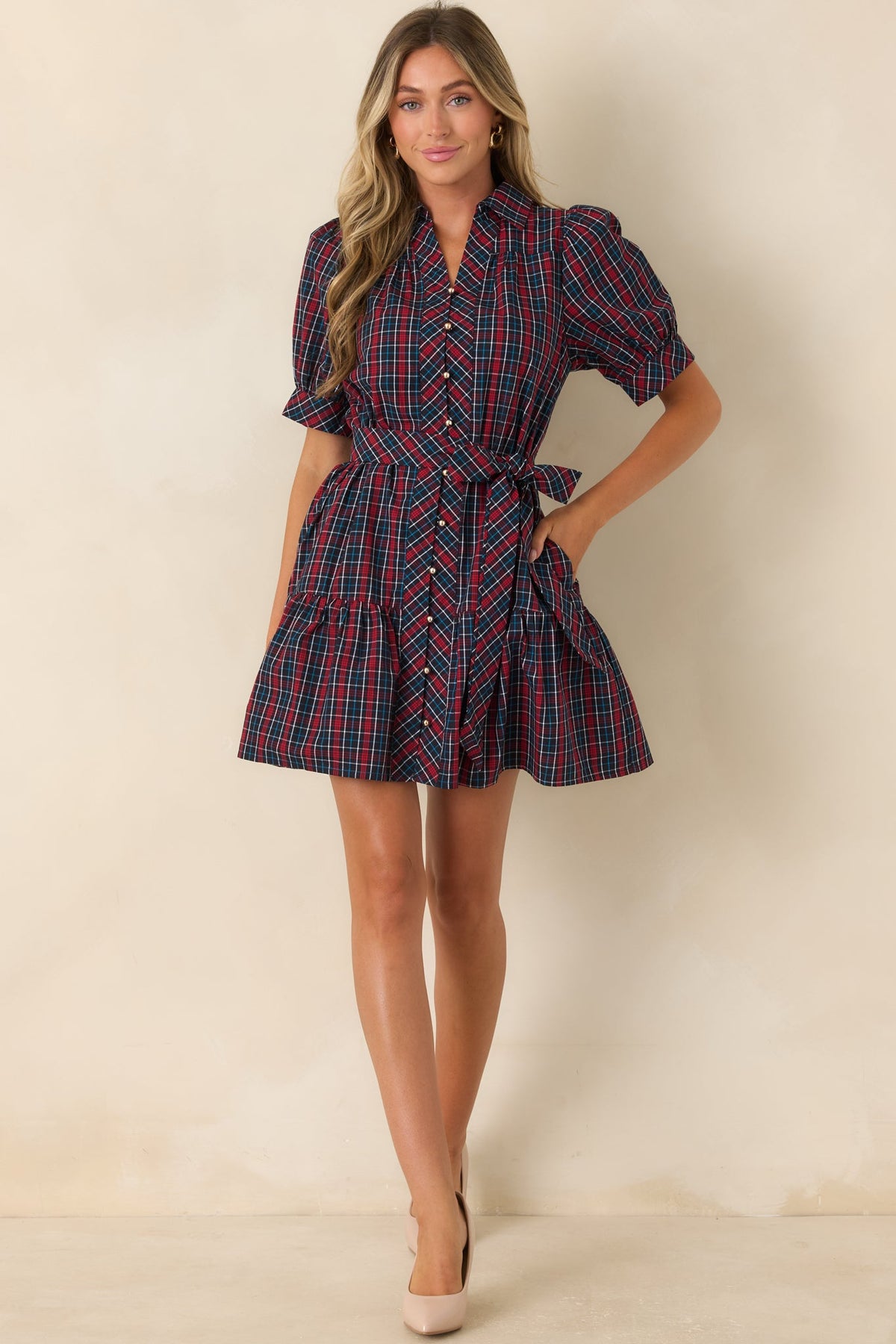 Glad We Made Plans Navy & Red Plaid Cotton Mini Dress