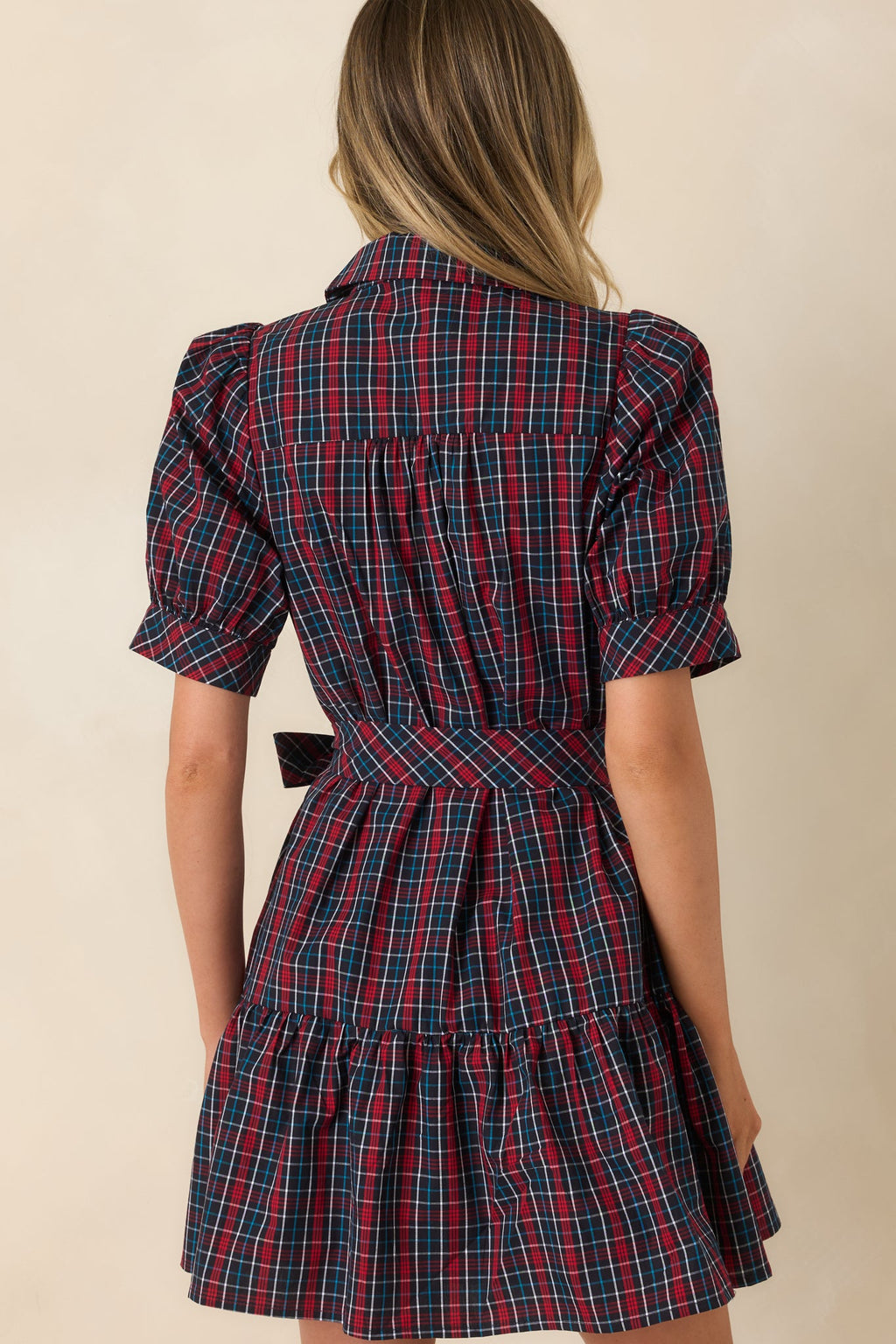 Glad We Made Plans Navy & Red Plaid Cotton Mini Dress