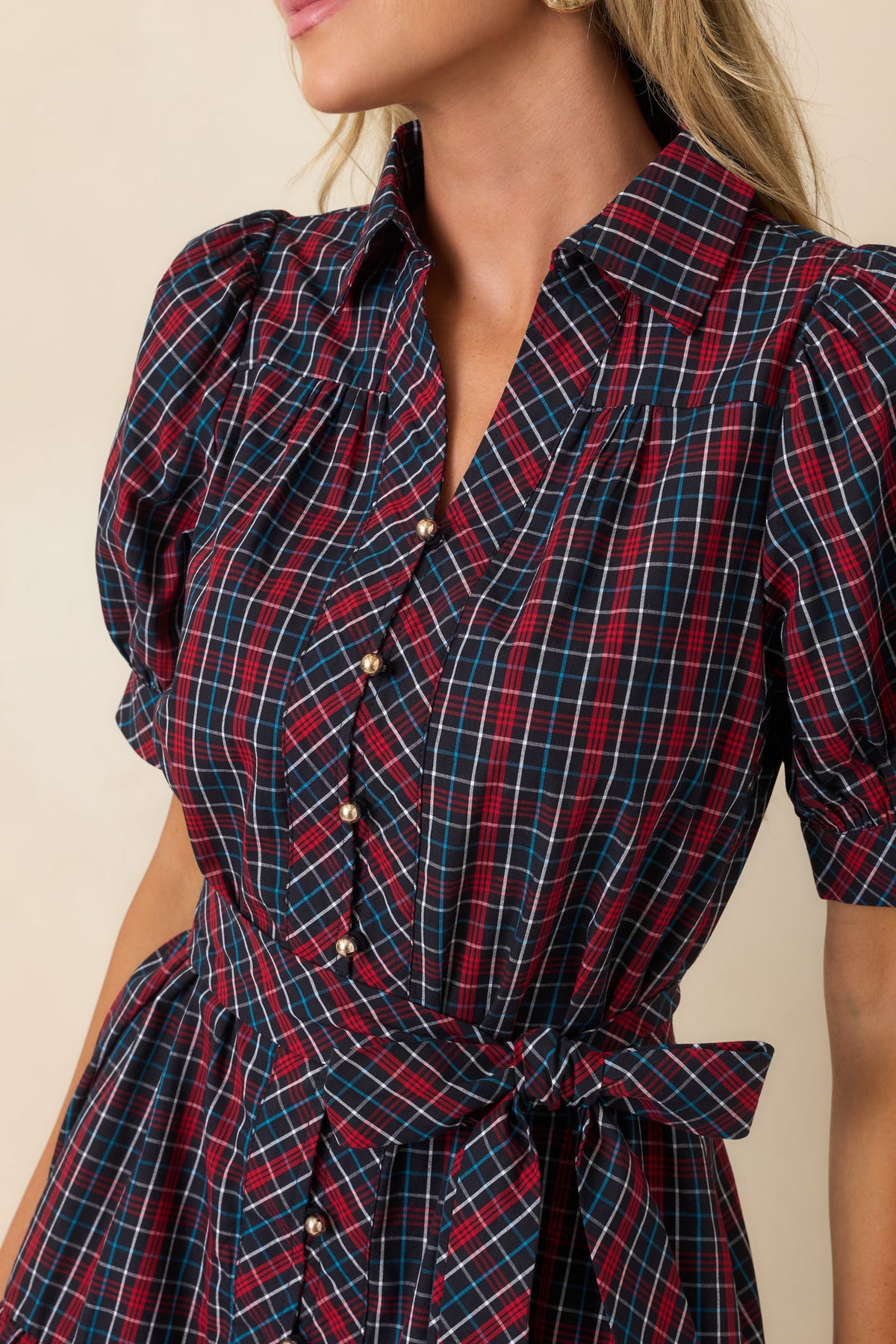 Glad We Made Plans Navy & Red Plaid Cotton Mini Dress