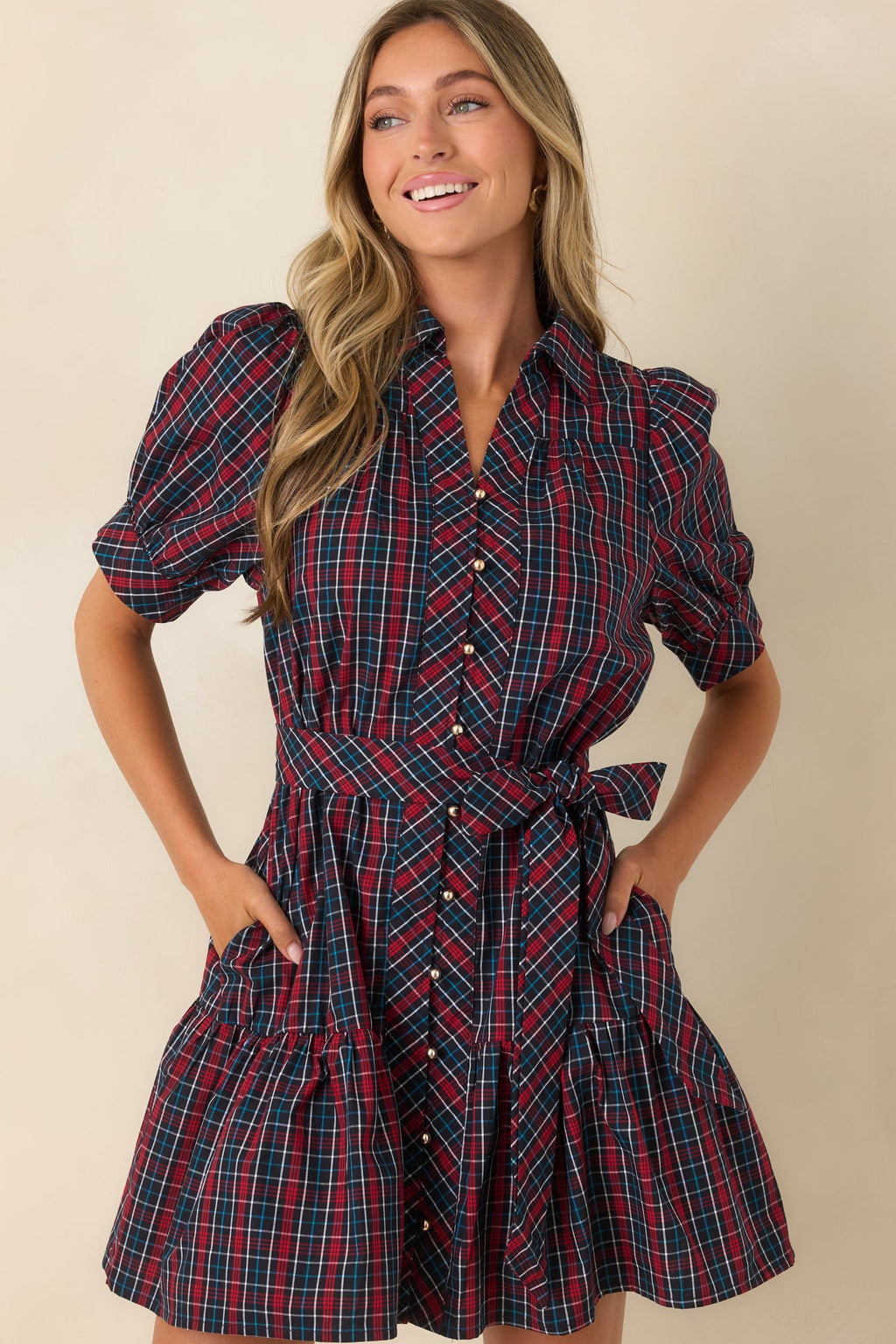 Glad We Made Plans Navy & Red Plaid Cotton Mini Dress