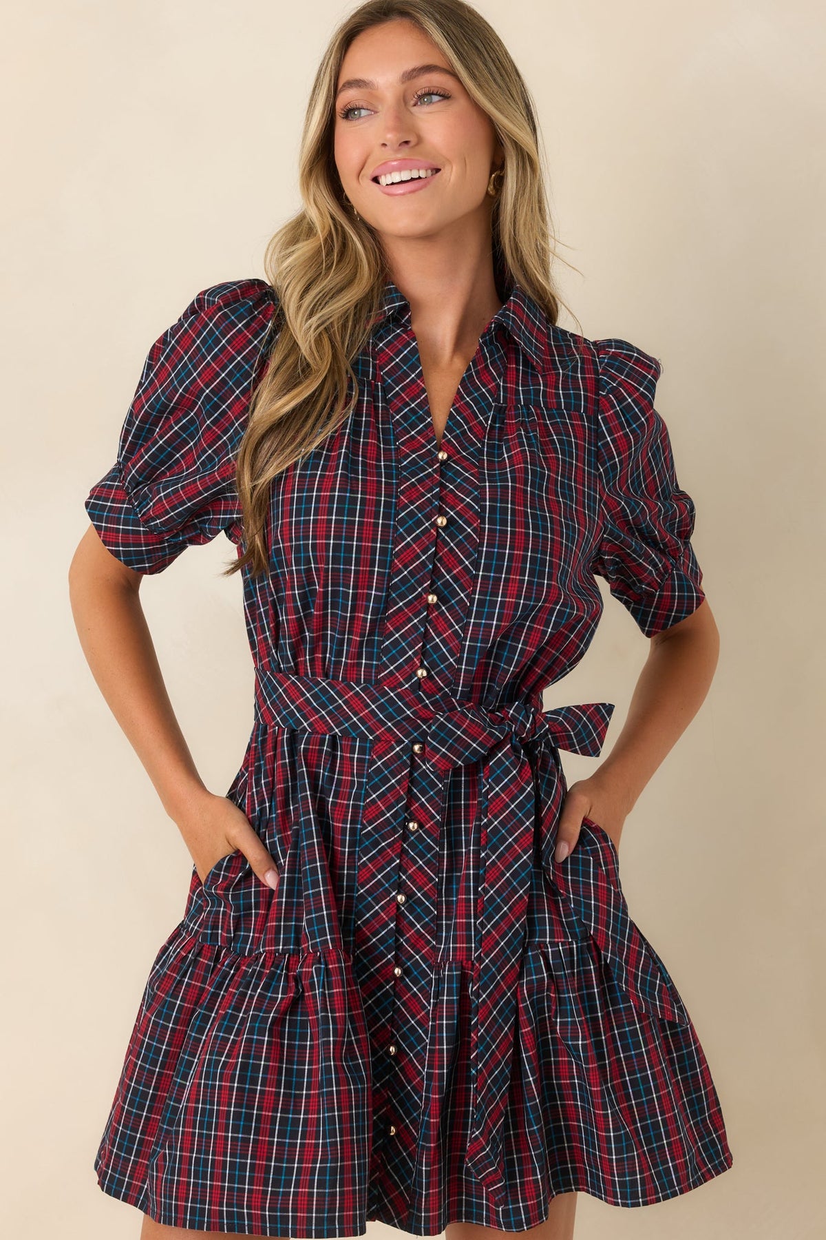 Glad We Made Plans Navy & Red Plaid Cotton Mini Dress