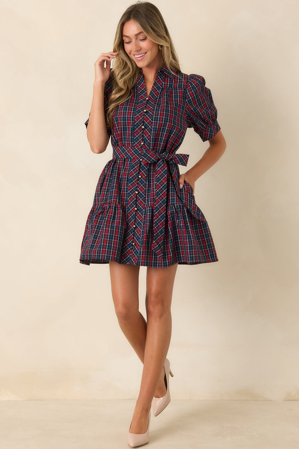 Glad We Made Plans Navy & Red Plaid Cotton Mini Dress