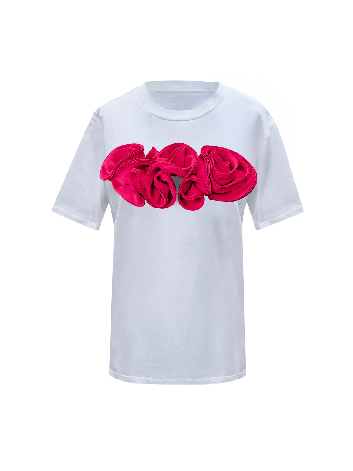 Flower Toma White Cotton T-Shirt With Pink Central Roses