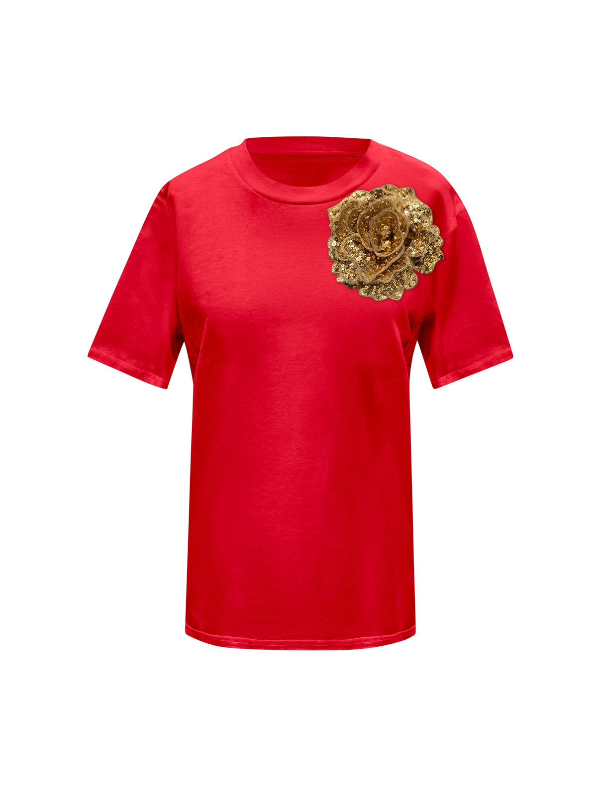 Red Cotton T-Shirt With Sequin Flower