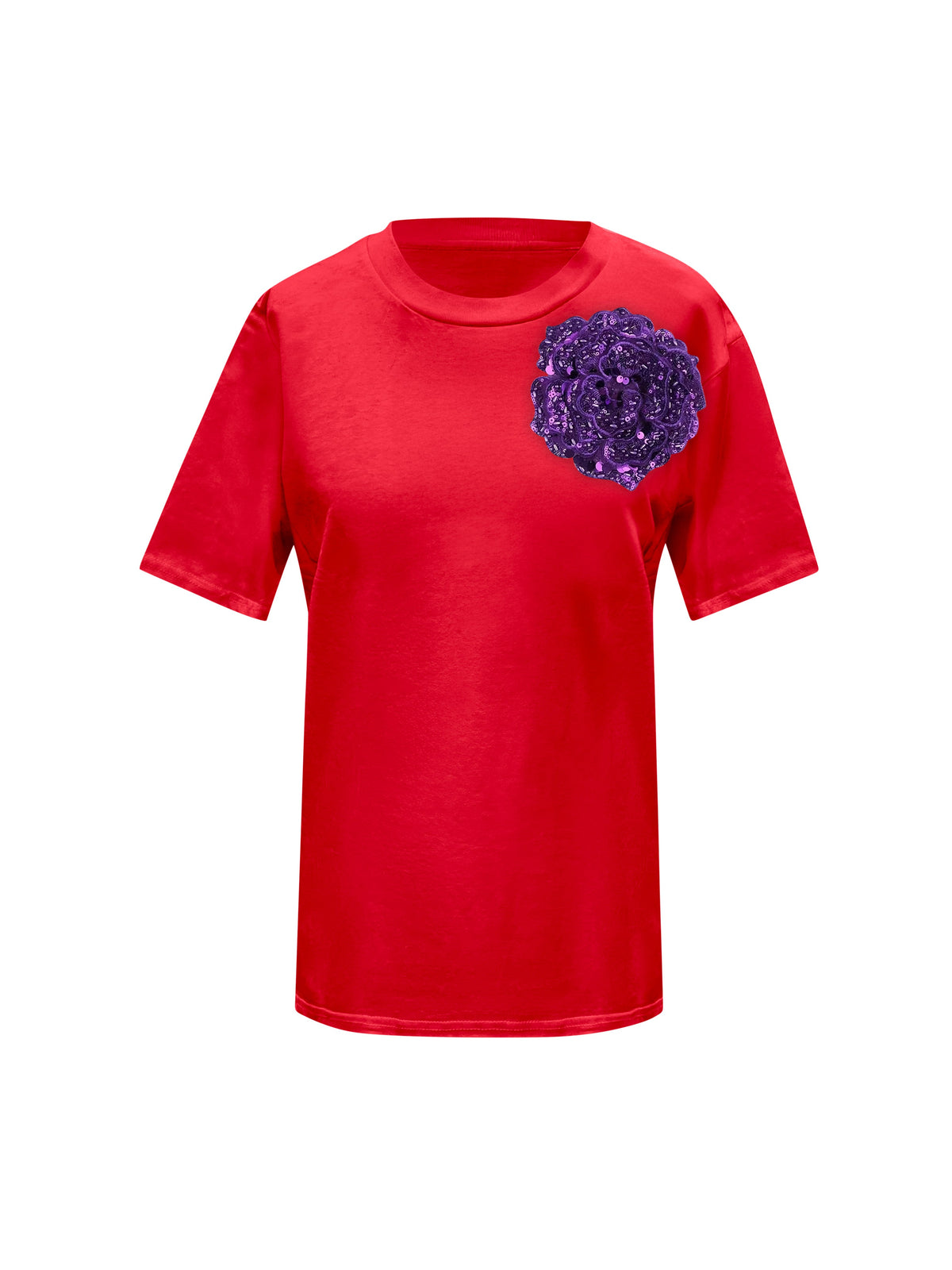 Red Cotton Toma T-Shirt With Sequin Flower