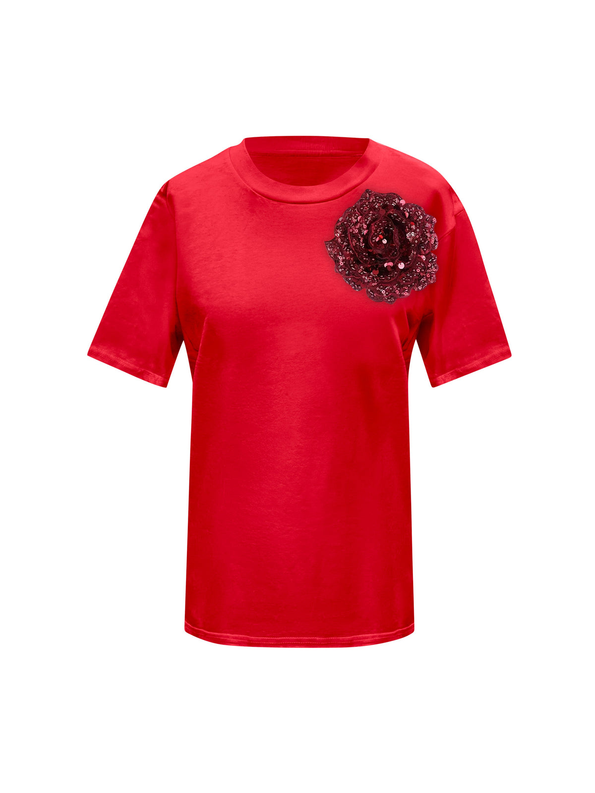 Red Cotton Toma T-Shirt With Sequin Flower
