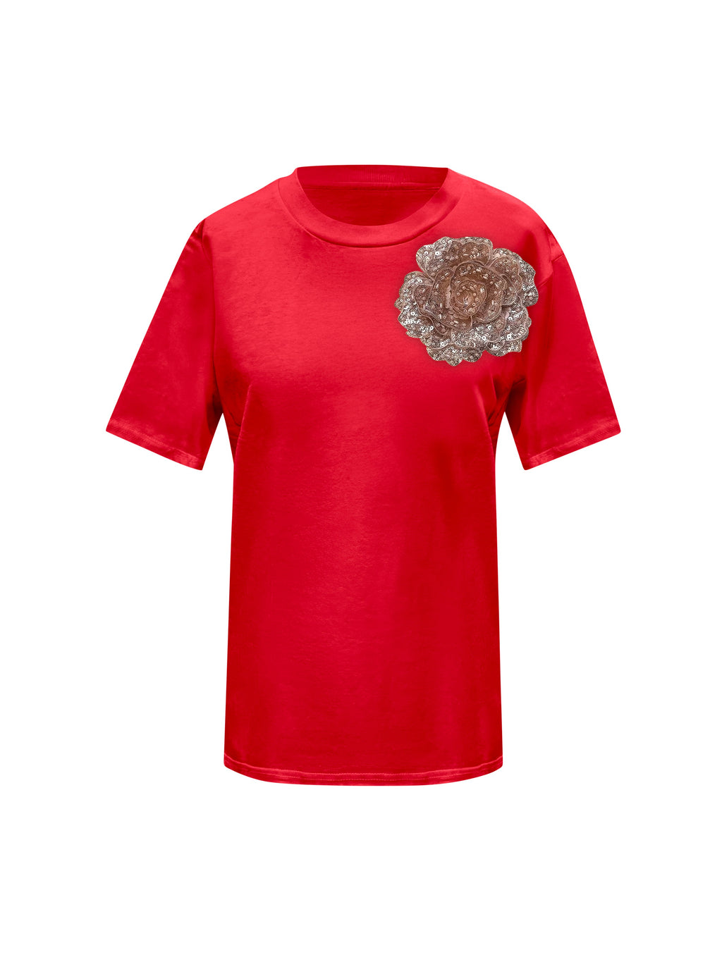 Red Cotton Toma T-Shirt With Sequin Flower