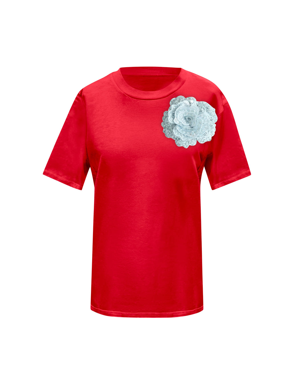 Red Cotton Toma T-Shirt With Sequin Flower