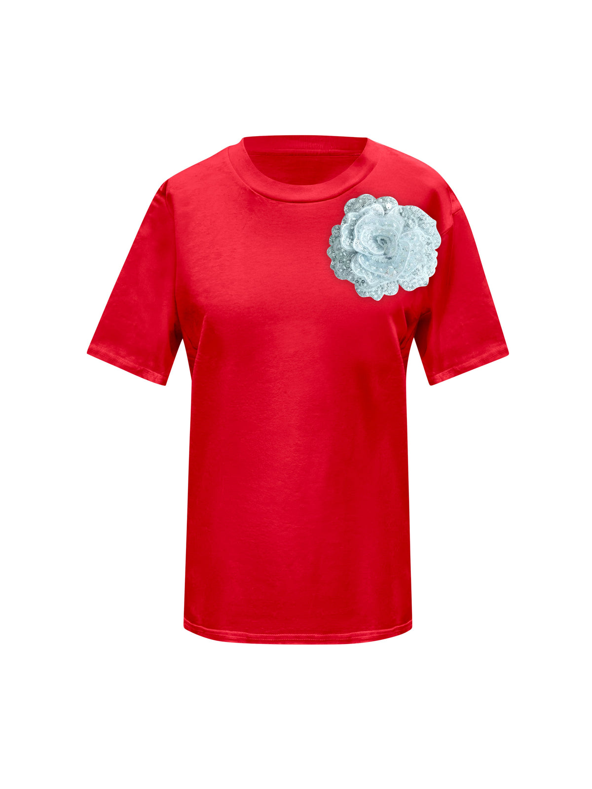 Red Cotton Toma T-Shirt With Sequin Flower