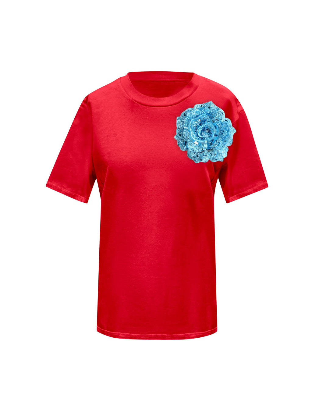 Red Cotton Toma T-Shirt With Sequin Flower