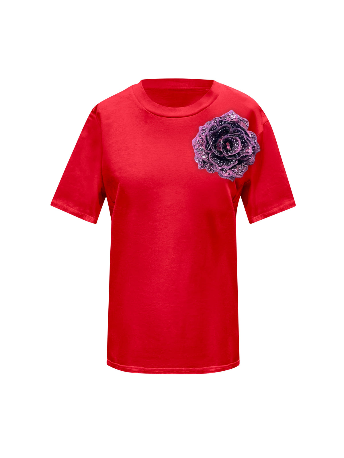 Red Cotton Toma T-Shirt With Sequin Flower