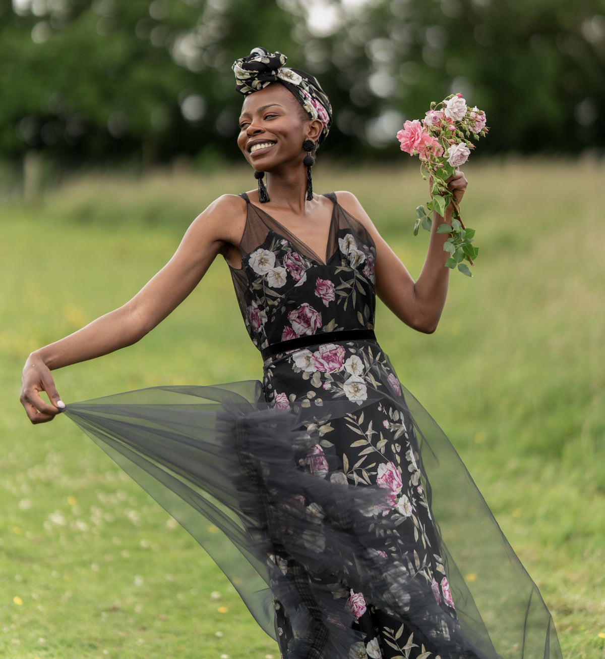 Black Floral Linen and Tulle Gown