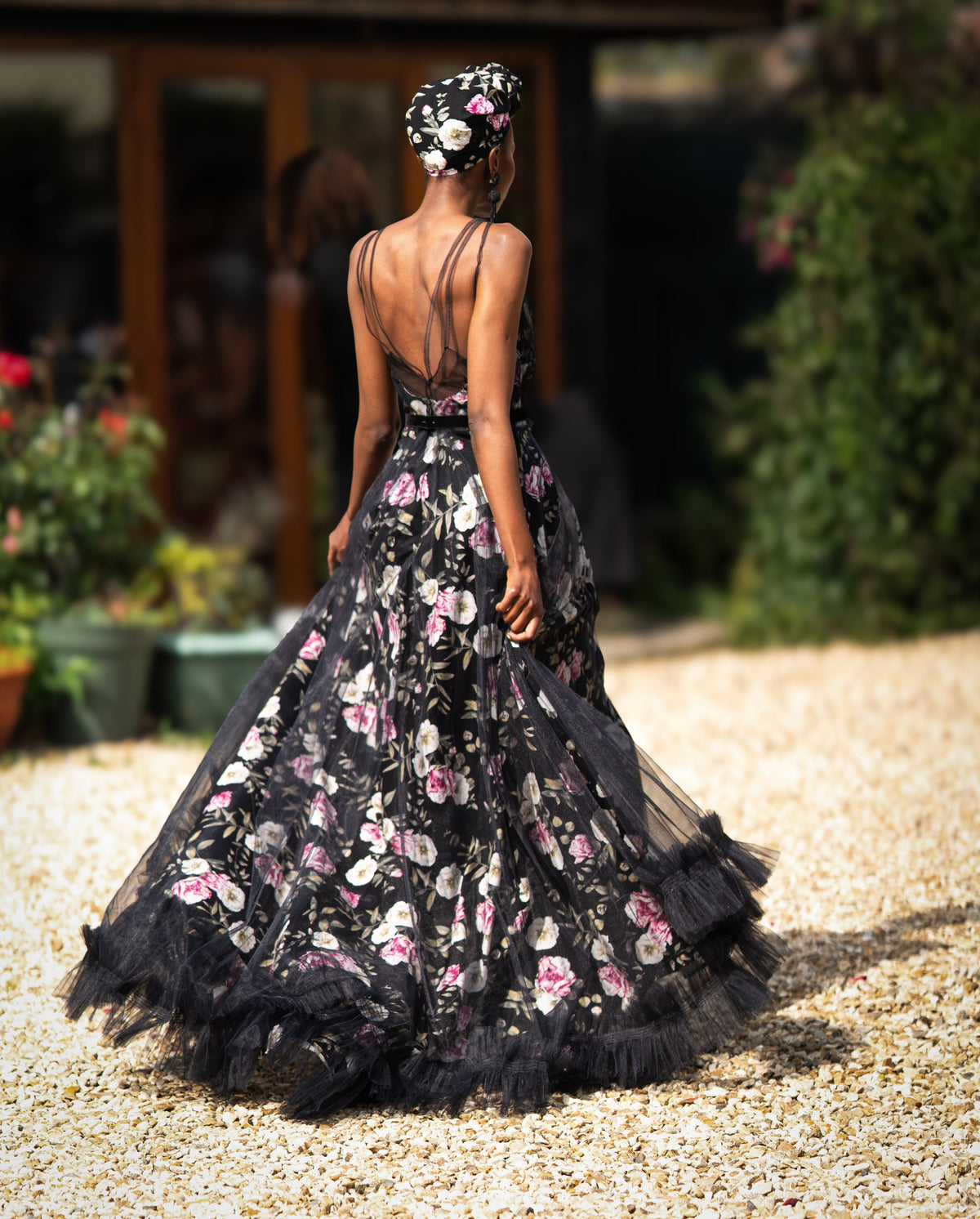 Black Floral Linen and Tulle Gown