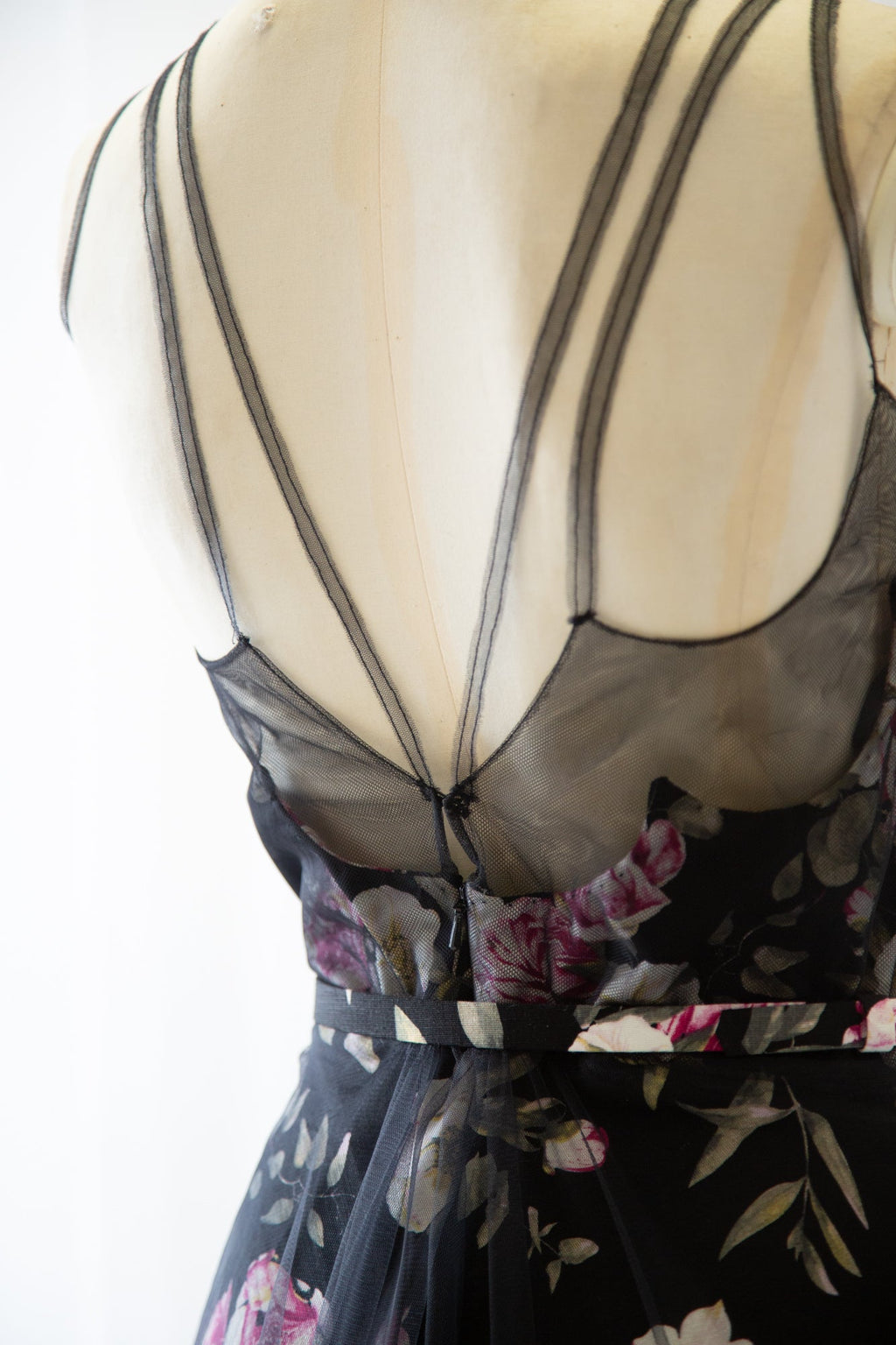 Black Floral Linen and Tulle Gown