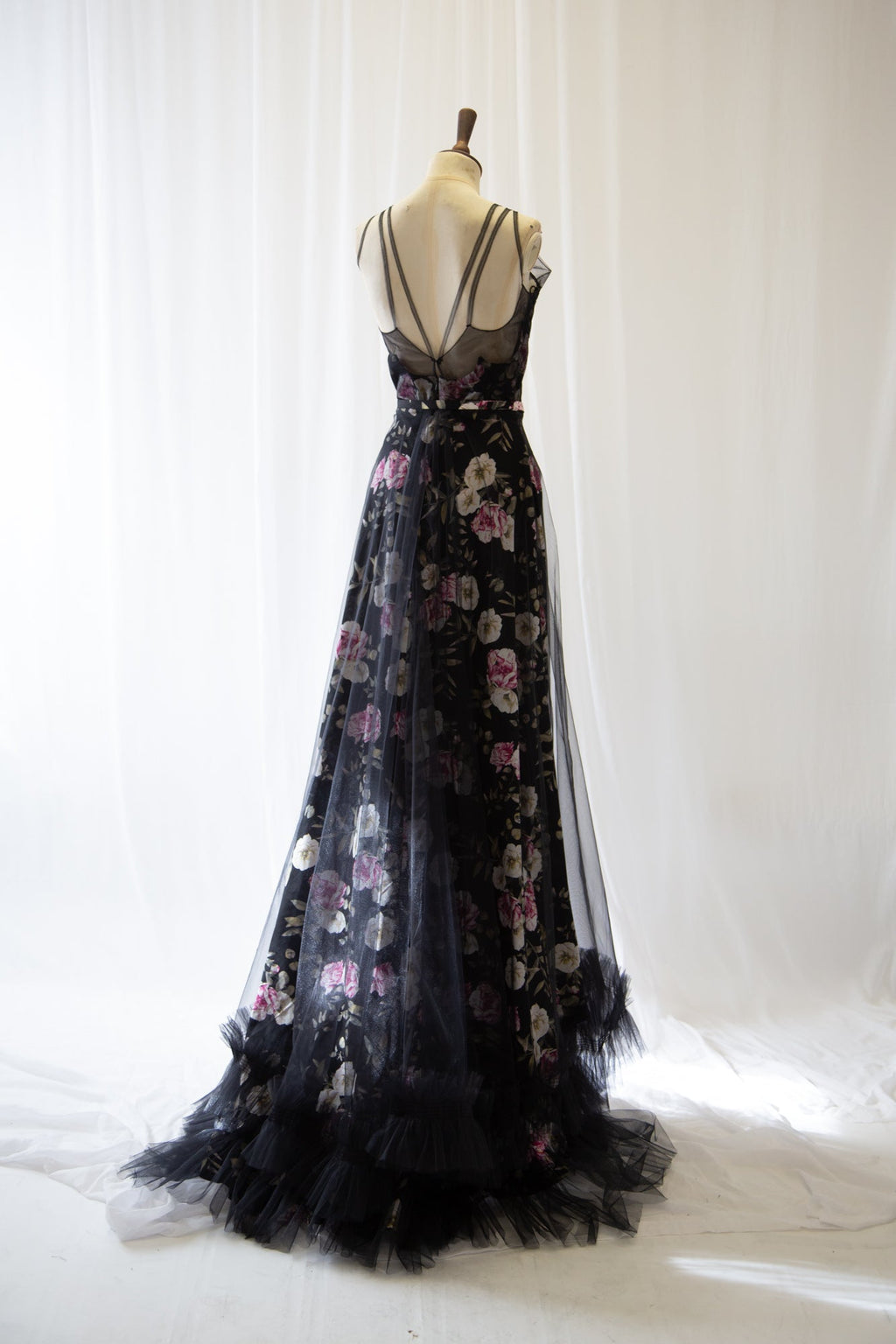 Black Floral Linen and Tulle Gown