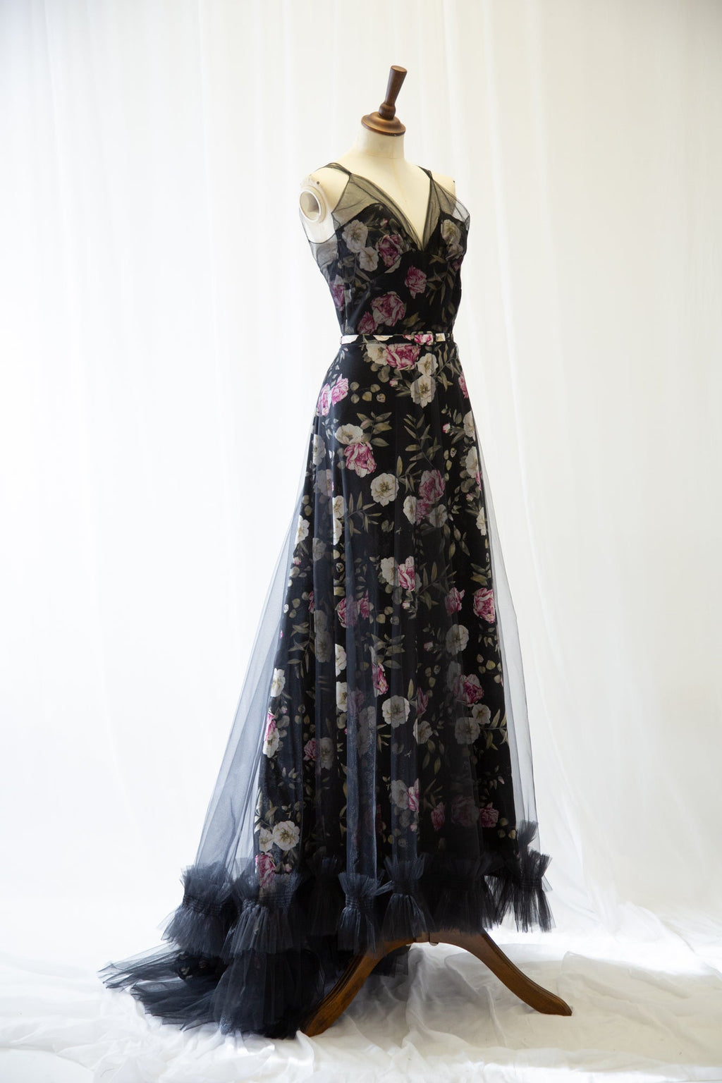 Black Floral Linen and Tulle Gown