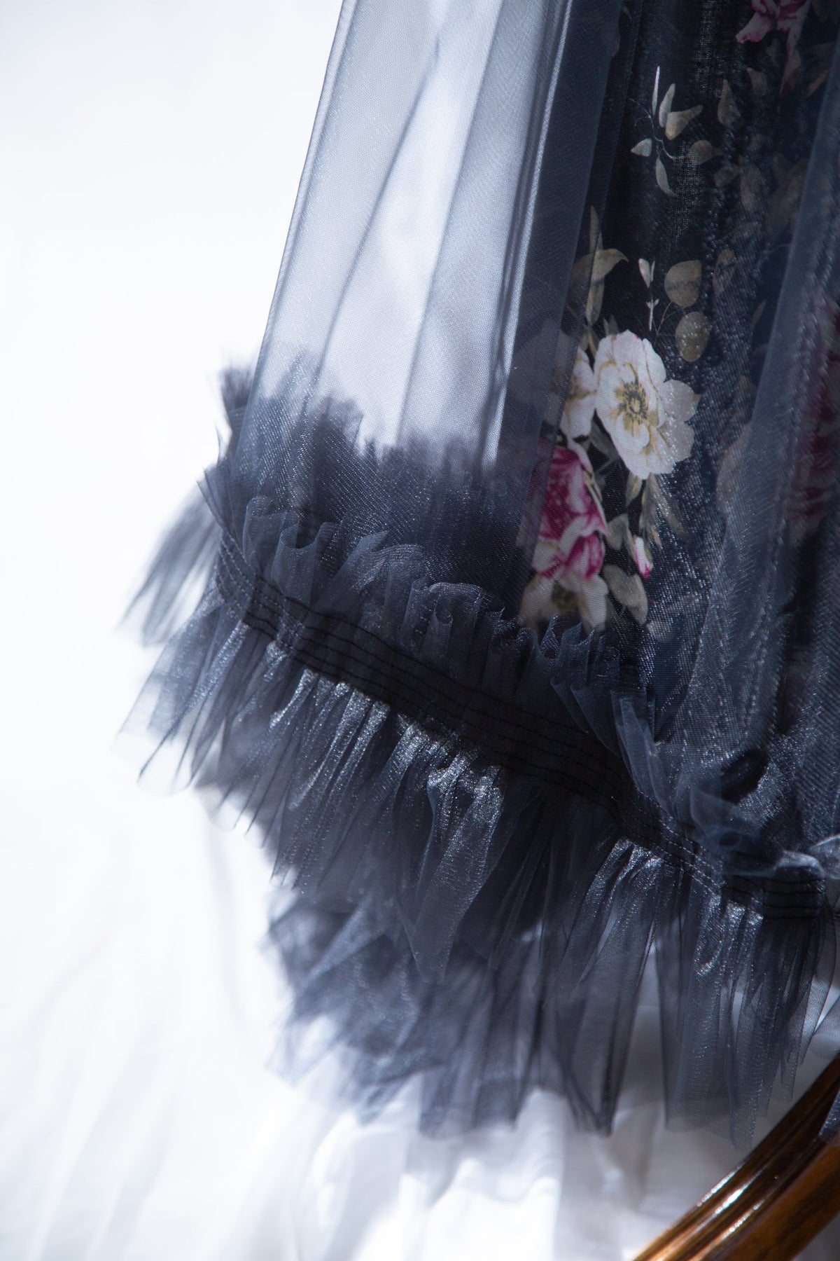 Black Floral Linen and Tulle Gown